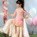 Girls' Pure Cotton Peach Embroidered Kurti & Striped Tiered Sharara Set | Kids' Summer Ethnic Suit