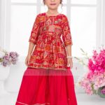 Girls' Red Printed Peplum Kurti & Sharara Set | Kids' Festive Ready-to-Wear Suit