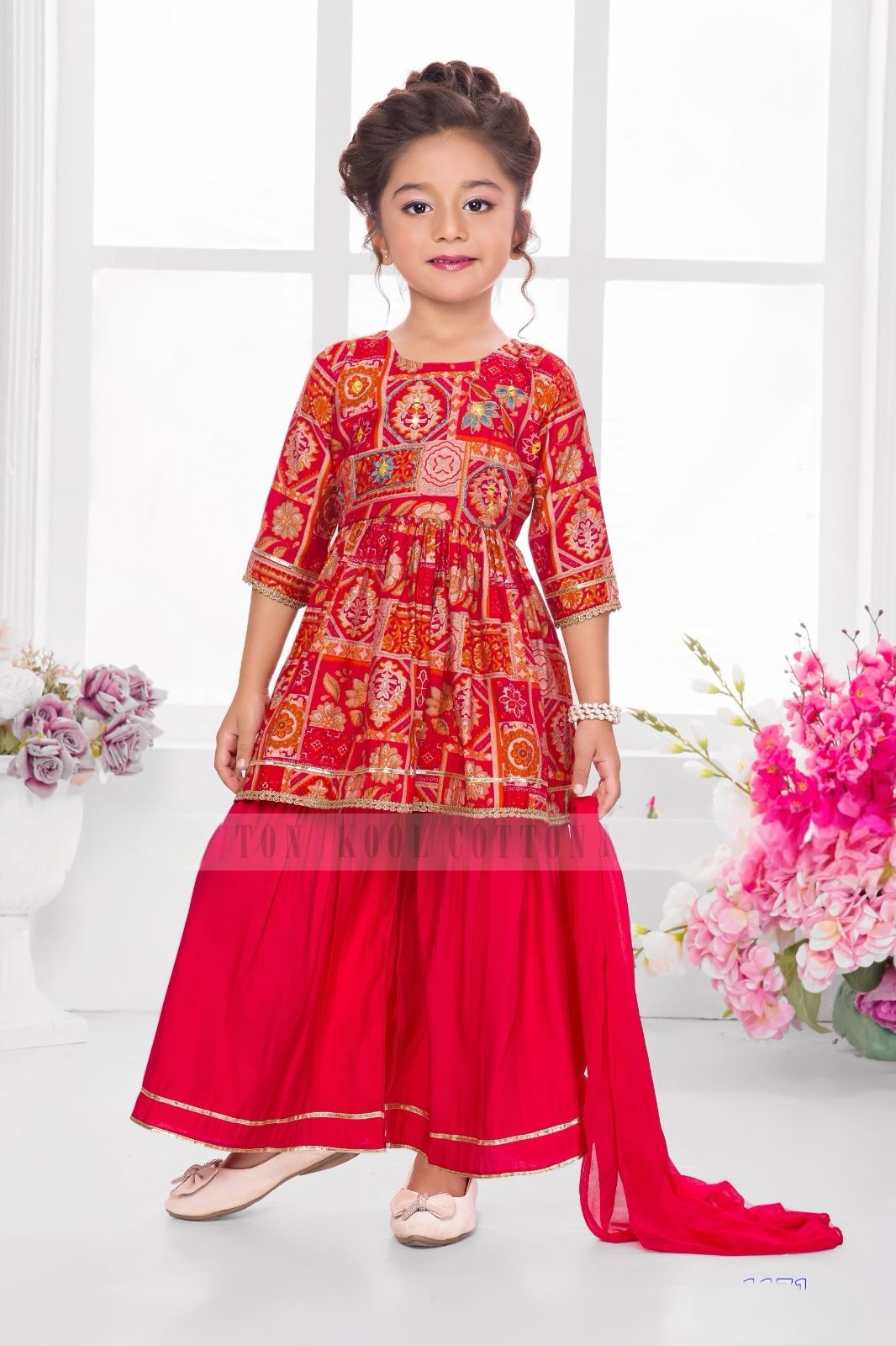 1171 Girls' Red Printed Peplum Kurti & Sharara Set | Kids' Festive Ready-to-Wear Suit - Image 1