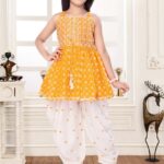 Girls' Dark Yellow Bandhani Print Peplum Top & White Dhoti Set | Kids' Haldi/Mehendi Festive Wear