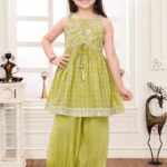 Girls' Lime Green Embroidered Peplum Sharara Set - Festive Ethnic Wear