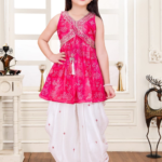 Girls' Rani Pink Printed Peplum Top & White Dhoti Set | Kids' Festive Indo-Western Suit