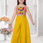 Girls' Yellow Sequin Crop Top & Wide-Leg Palazzo Set | Kids' Multi-Color Party Wear Suit