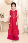 Girls' Red Bandhani Print Sleeveless Kurti & Palazzo Set with Mirror Work | Kids' Traditional Festive Ethnic Wear