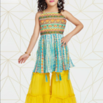 Charming Girls' Indo-Western Fusion Set – Blue Spaghetti Top & Yellow Sharara