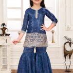 Girls' Navy Blue Embroidered Kurti & Tiered Sharara Set | Kids' Royal Festive Ethnic Wear Suit