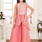 Girls Peach Ethnic Co-ord Set – Embroidered Crop Top, Palazzos & Long Shrug