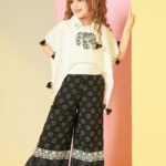 Girls’ Bohemian 2-Piece Set: Elephant Print Poncho Top & Wide Leg Pants