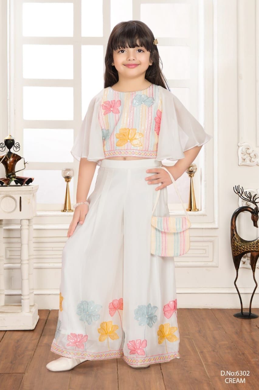 6302 🤍 Pristine White Floral Palazzo Set with Designer Cape Sleeves - Image 1