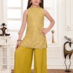 Girls' Lime Green Embroidered Kurti with Pleated Palazzo Set | Kids' Halter Neck Festive Suit
