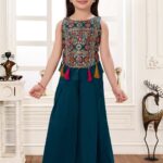 Girls' Teal Embroidered Peplum Top & Palazzo Set | Kids' Traditional Tassel Suit