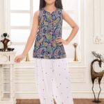 Girls' Sleeveless Paisley Print Peplum Top with White Dhoti Pants Set | Kids' Ethnic Wear