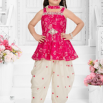 Girls' Rani Pink Choker-Neck Peplum Top & Cream Dhoti Set | Kids' Floral Print Festive Wear