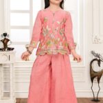 Chic Pink Jacquard Palazzo Suit for Girls | Full Sleeves Embroidered Peplum Top
