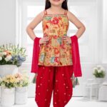 Girls' Red Patiyala Dhoti & Floral Print Peplum Top Set | Kids' Festive Ethnic Suit