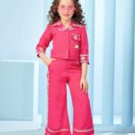 Girls’ Hot Pink Pant Suit Set with Floral Embroidery and Wide-Leg Pants