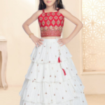 Girls' Red Heavily Embroidered Crop Top and White Tiered Lehenga Set (2-Piece)