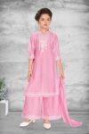 Girls' Pink Embroidered Tussar Silk Sharara Set with Scalloped Hem