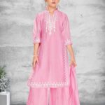 Girls' Pink Embroidered Tussar Silk Sharara Set with Scalloped Hem