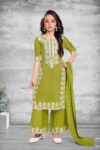 Girls' Lime Green Embroidered Zari Kurta Palazzo Set with Dupatta