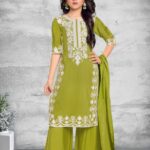 Girls' Lime Green Embroidered Zari Kurta Palazzo Set with Dupatta