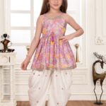 Girls' Purple Floral Printed Peplum Kurti with White Dhoti Pants Set