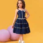 Girls' Navy Blue Tiered Dress with White Crochet Trim & Floral Detail