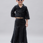 Black Girls' 2-Piece Outfit Set: Embroidered Button-Up Crop Top & Pleated Mermaid Maxi Skirt