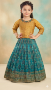 Girls' Mustard Yellow Embroidered Choli and Teal Blue Pleated Lehenga Set