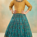 Girls' Mustard Yellow Embroidered Choli and Teal Blue Pleated Lehenga Set