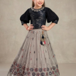 Girls' Navy Blue Sequin Choli and Grey Pleated Lehenga Set