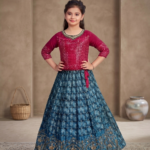 Girls' Rani Pink & Royal Blue Mirror-Style Sequence Lehenga Choli