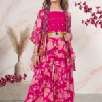 : Girls' Rani Pink Floral Printed 3-Piece Sharara Set with Shrug and Embroidered Crop Top