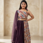 Contemporary Indo-Western Lehenga Choli – Purple Net Gagra with Geometric Print Blouse