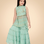 Girls' Sea Green Georgette Sharara Set with Gold Chevron Print and Tiered Garara Trousers