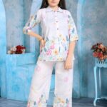 Chic Floral Tailored Two-Piece Set - Short Sleeve Button-Down and Palazzos