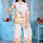 Elegant Floral Printed Short Tunic and Palazzo Set - Beige and Multi-color Casual Suit