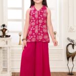Girls' Rani Pink Floral Sleeveless Kurti & Wide-Leg Palazzo Set | Kids' Festive Indo-Western Suit