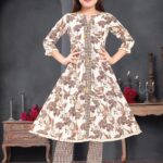 Girls' Cream & Floral Printed Tiered Tunic and Patterned Straight Pants Set