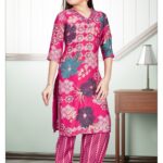 Girls' Rani Pink Floral Print Kurta and Zig-Zag Pattern Salwar Set
