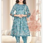 Girls' Sea Green Floral Embroidered Tunic and Tulip Pant Set - Dhoti Style