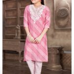 Girls' Pink & White Embroidered Cotton Kurta and Pant Set.