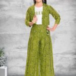 Girls' Olive Green Floral Printed Three-Piece Jacket and Wide-Leg Pant Set with White T-shirt