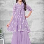 Lavender Crinkled Cotton Tiered High-Low Tunic and Sharara Set.