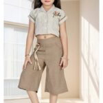 Girls' Beige Jute-Texture Button-Front Crop Top and Taupe Culotte Pant Set