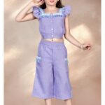 Girls' Lavender Cotton Ruffle Sleeve Crop Top and Wide-Leg Culotte Set with Tassels