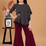 Girls' Black Printed Asymmetric Poncho Top and Maroon Corduroy Bell-Bottom Pant Set