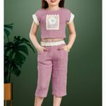 Girls' Mauve Pink Textured Cotton Co-ord Set - Crochet Yoke Top and Culotte Pants