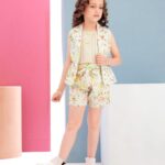 Kids' Designer Floral & Butterfly 3-Piece Outfit - Sleeveless Jacket, Top and Paperbag Shorts Set
