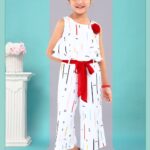 Girls' White Sleeveless Printed Jumpsuit with Red Waist Bow and Floral Brooch